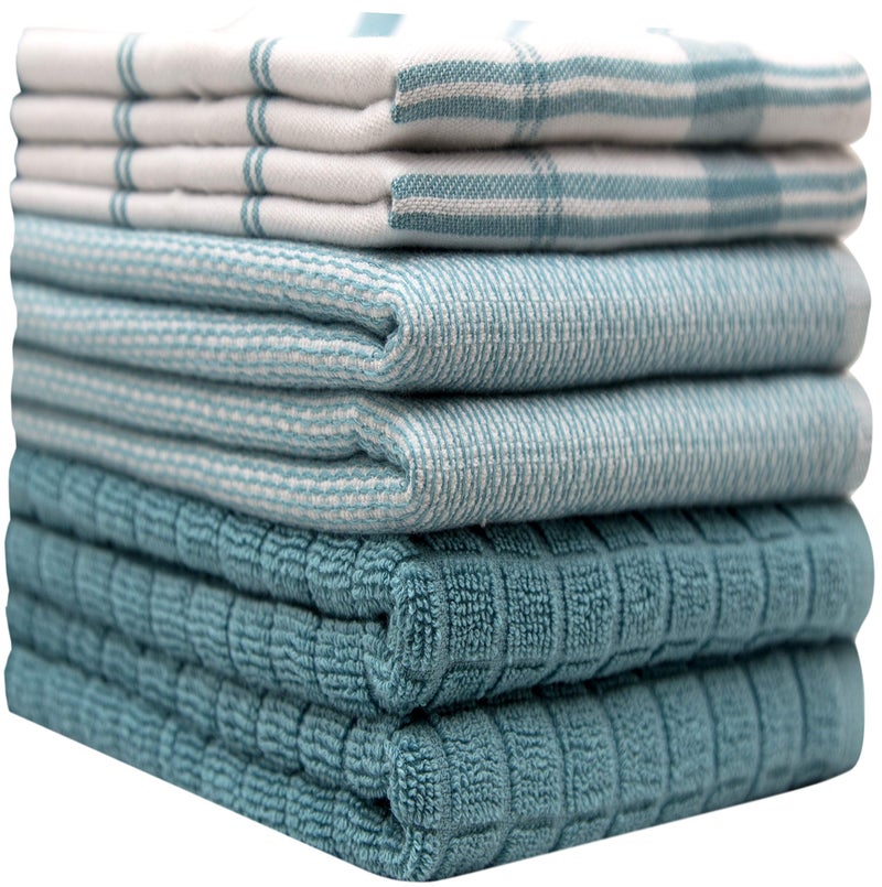 Bumble Towels مناديل مطبخ فاخرة (20 بوصة × 28 بوصة، 6 عبوات) | مناديل قطنية كبيرة | مجموعة مناديل مطبخ مسطحة وطرية عالية الامتصاص مع حلقة للتعليق | فحص باللون الأزرق الفاتح - Image 2